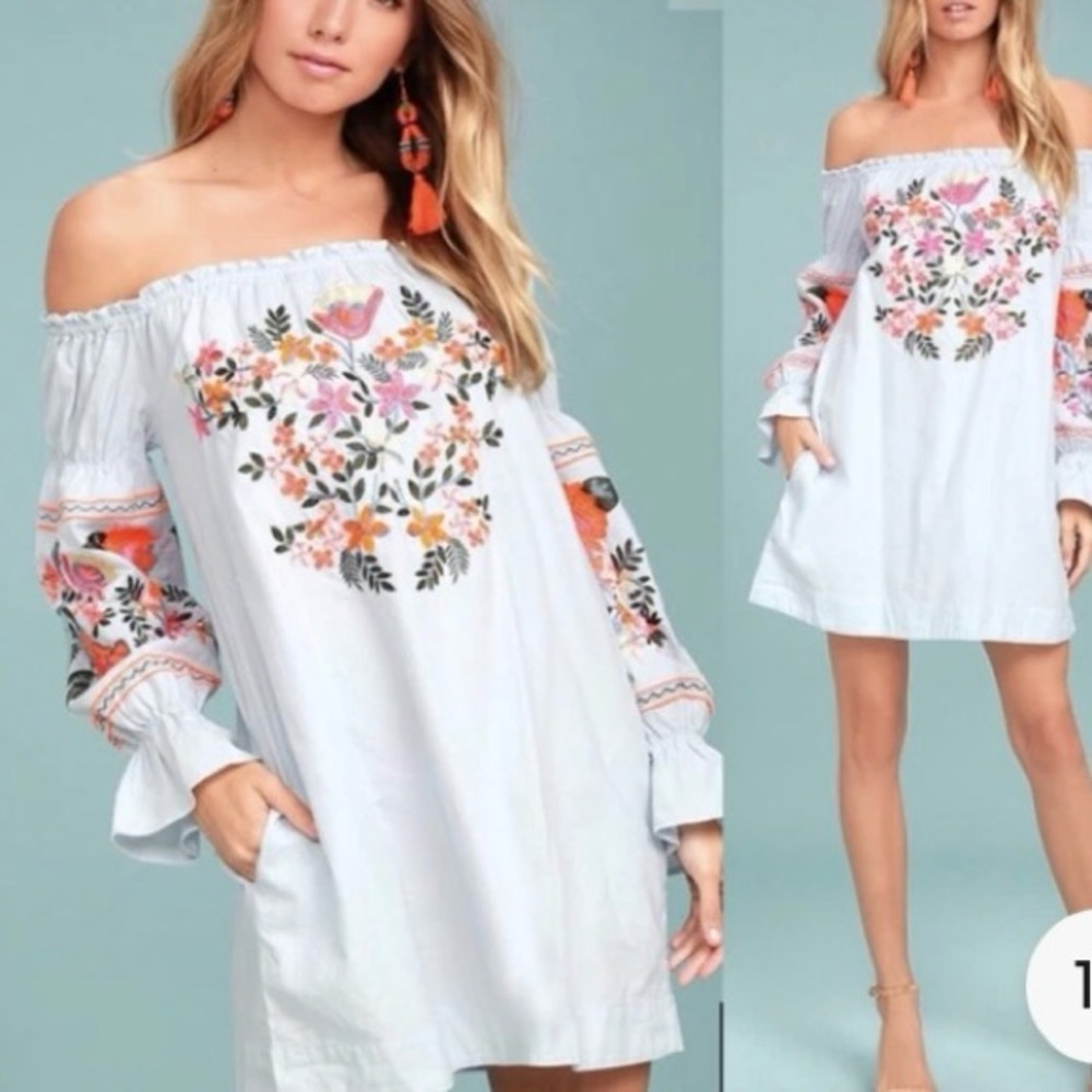 ✨ Free People Fleur Du Jour Embroidered Off-The-Shoulder Mini Dress ✨ - Picture 11 of 13